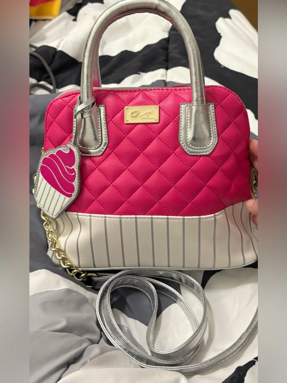 Betsey Johnson Hot Pink Quilted Satchel Cupcake Charm Silver Handless NWOT